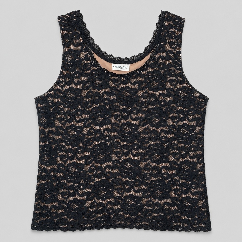 Coldwater Creek Lace Tank Top Sz XXL Black Floral Lined Sleeveless Scallop Trim